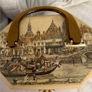 Anton Pieck Vintage Artistic Print Satchel with amber lucite  Handle